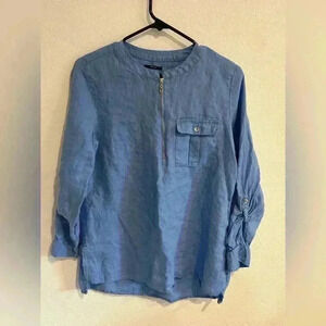 Jones & Co Linen Blue Half Zip Top Small Natural Beach Relaxed Boho Soft Light